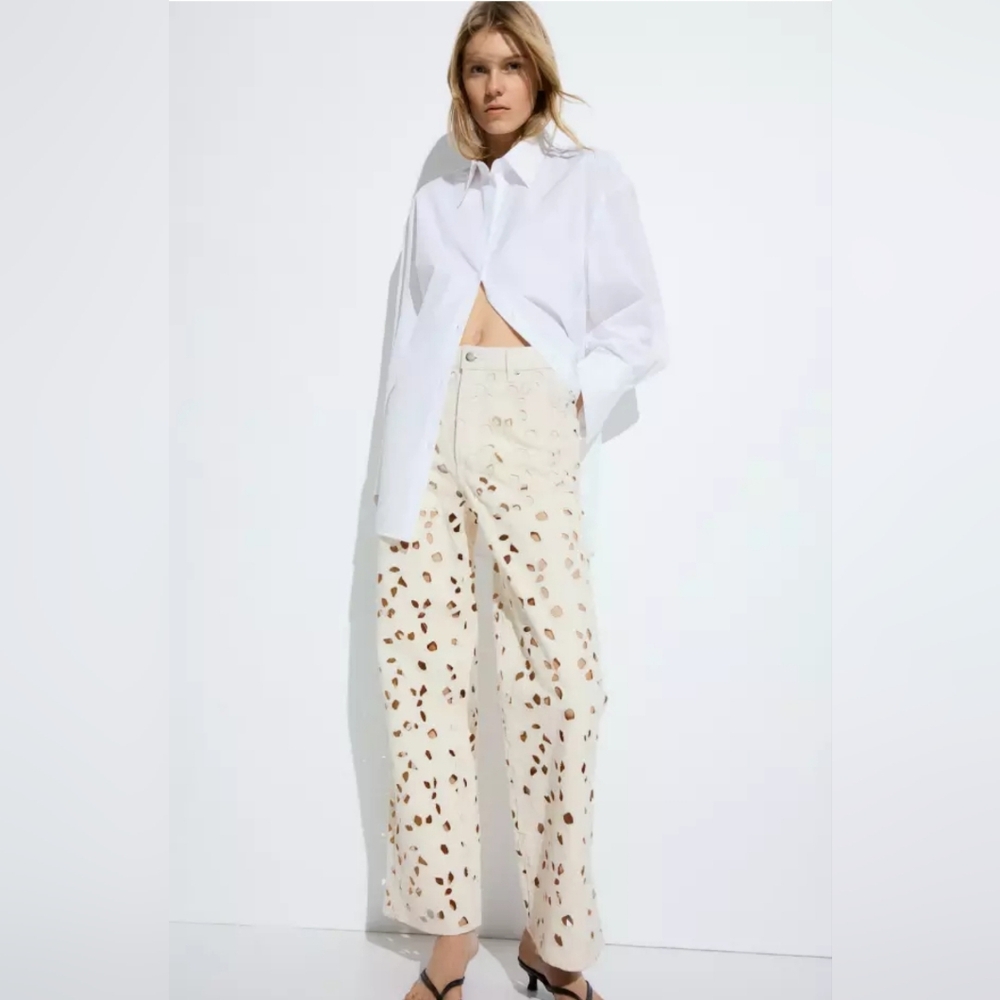 H&M Eyelet-Embroidered Jeans For Women (Light beige) Sz 12